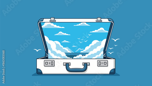 Open Suitcase Revealing an Expansive Sky Filled with Clouds and Flying Birds