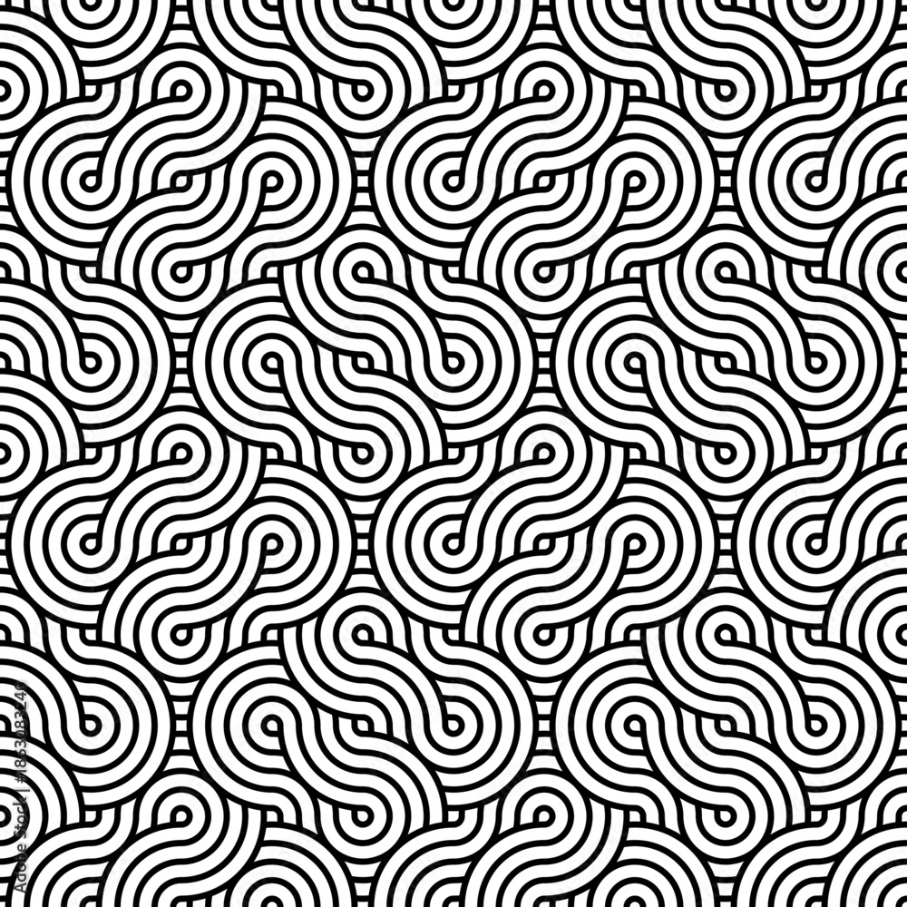 Fototapeta premium Seamless abstract wavy line pattern with circular dot accents in black and white creating repeating optical background for surface design, wallpaper, textile, poster and modern graphic use