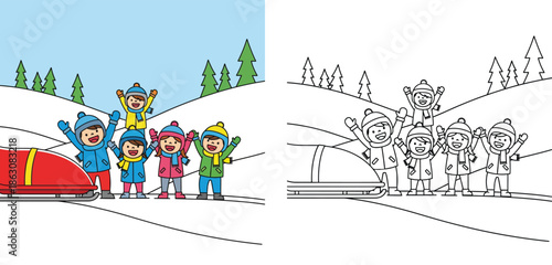 Cheerful Kids Waving by Bobsled in Snowy Winter Landscape Fun