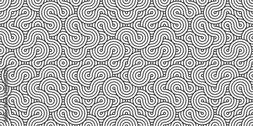 Seamless abstract wavy line pattern with circular dot accents in black and white creating repeating optical background for surface design, wallpaper, textile, poster and modern graphic use