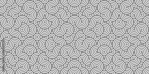 Seamless abstract wavy line pattern with circular dot accents in black and white creating repeating optical background for surface design, wallpaper, textile, poster and modern graphic use