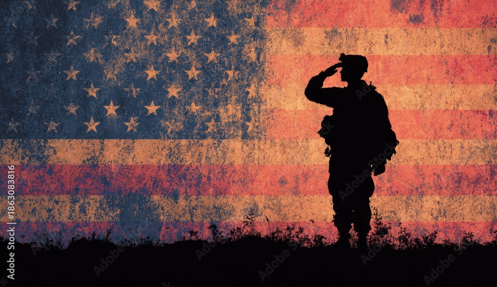 Fototapeta premium Silhouette of a soldier saluting against a distressed American flag background
