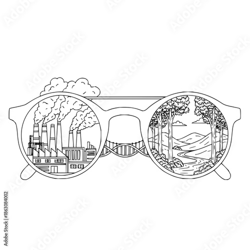 Polluted Industrial Factory Viewed through Glasses with Contrasting Natural Landscape with pollution and smokestacks and smog in nature trees for mountains