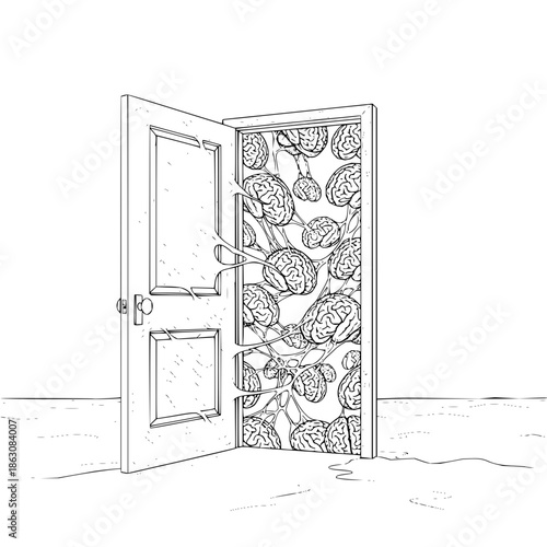 Open Door with Brain Patterned Wall Inside Modern Room with interior design and psychology concept and doorway in illustration line art for black and white