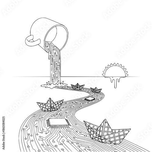Black and White Illustration of Paper Boats Floating on Wavy Lines with Liquid Pouring from Bucket with abstract and artistic and creative in fantasy imagination for dreamy