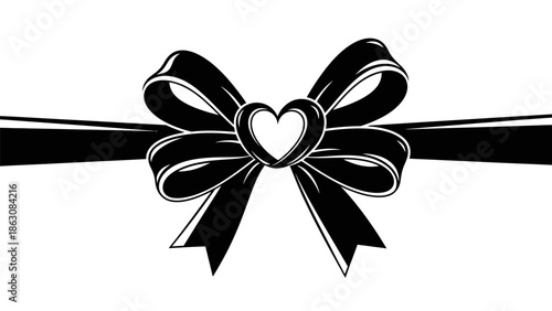 Elegant black bow with a heart in the center, symbolizing love and connection, perfect for gift wrapping or decorative elements.