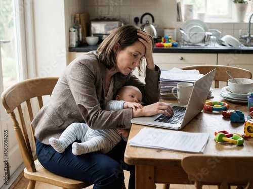Stressed working mother juggling career and baby while working from home.