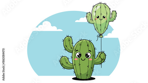 Adorable Green Cactus Holding a Floating Balloon Cactus Companion Happily