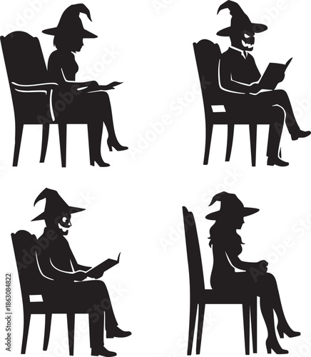Silhouetted witches sitting in chairs reading various materials in a mysterious setting viewed from the side