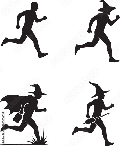 Silhouettes of people running in various costumes including witches and normal attire on a white background