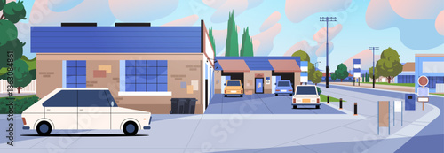 Car repair workshop vector exterior illustration. Auto service center outdoor view banner