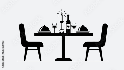 Romantic dinner table setting with wine bottle, candle, and covered dishes for two people.