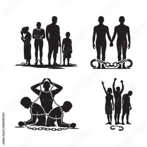 Black Color Victims of Slavery Remembrance Day Silhouette Vector Illustration, Solid White Background.