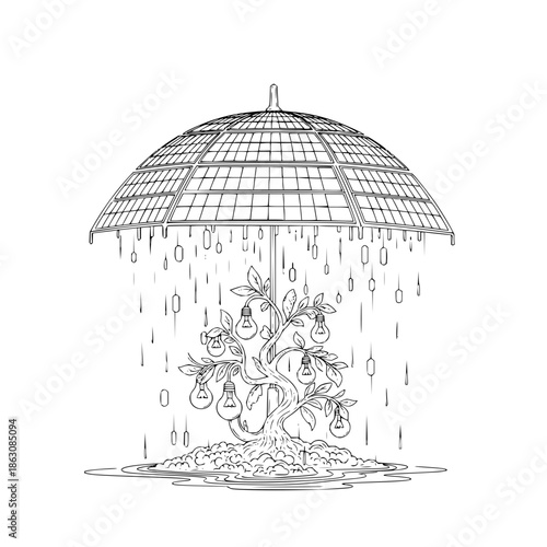 Wireframe Umbrella Protecting Fruit Tree from Rain, Isolated on White Background, Black and White Illustration with protection and line art and drawing in sketch raindrops for puddle