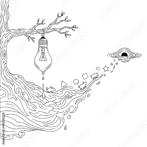 Tree with Lightbulb and Creative Ideas Floating to Eye in Space with inspiration and imagination and art in illustration drawing for line art