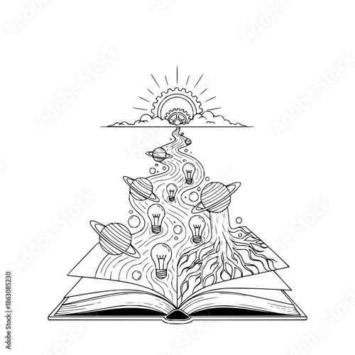 Open Book with Light Bulb Ideas Emerging into Sun and Sky with inspiration and creativity and imagination in education learning for knowledge