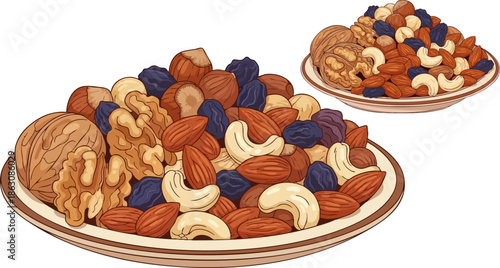 Assorted dry fruits and mixed nuts blend served on plates illustration