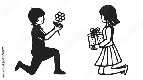Man kneeling and proposing to woman with flowers while she holds a gift