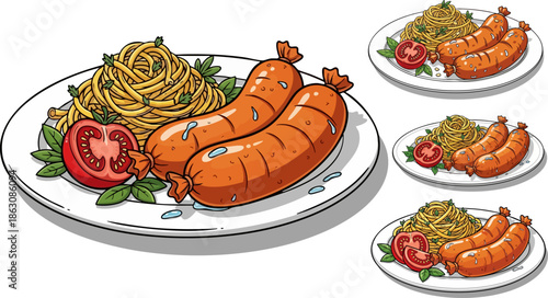 Delicious cartoon sausages and spaghetti served with fresh tomato garnish
