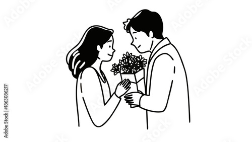 Man giving flowers to woman in a romantic gesture