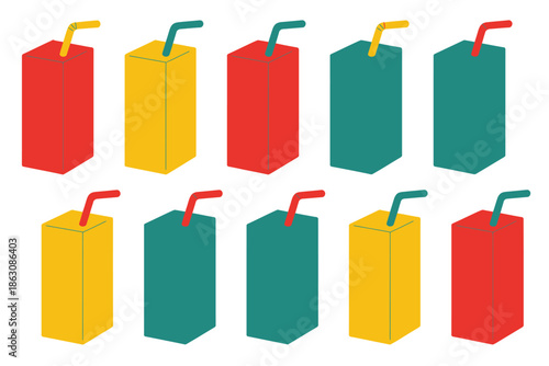 A colorful assortment of juice boxes with straws, symbolizing refreshing.