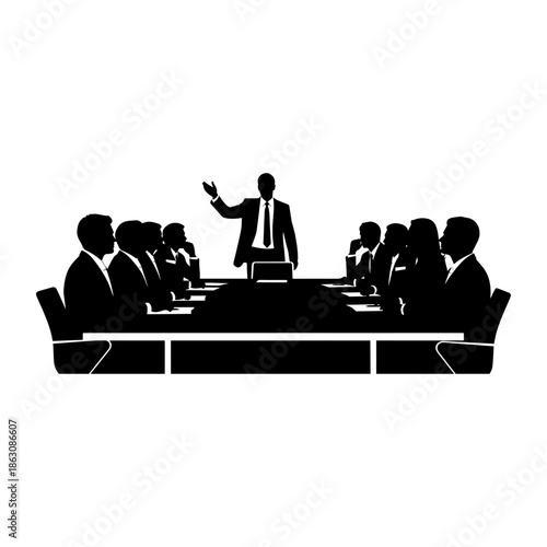 Business Meeting Silhouette of Speaker Addressing Audience Around Table.
