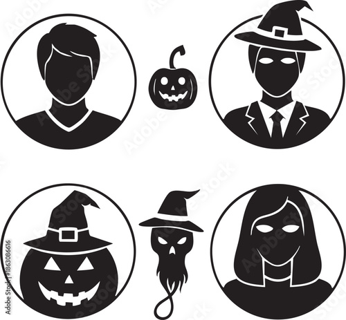 Diverse collection of festive Halloween-themed avatar icons and spooky profile pictures featuring jack-o'-lanterns, mysterious witches, and ghostly skulls, ideal for seasonal digital identity and onli
