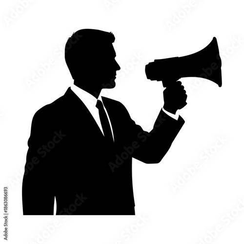 Silhouette of a businessman holding a megaphone.