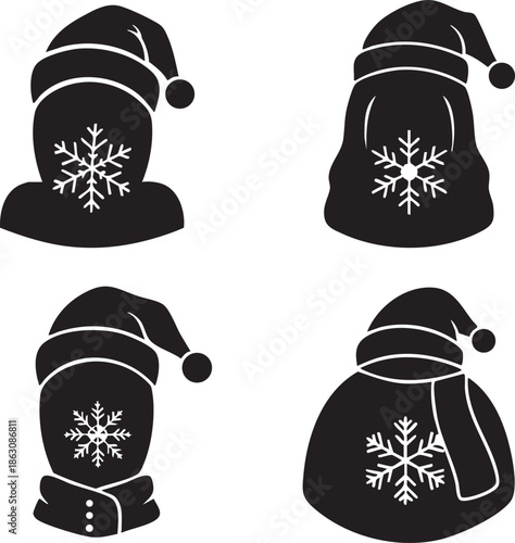 Illustrations depicting four distinct faceless human busts warmly clad in various winter hats and scarves, representing cold weather, seasonal attire, and protective comfort with a minimalist silhouet