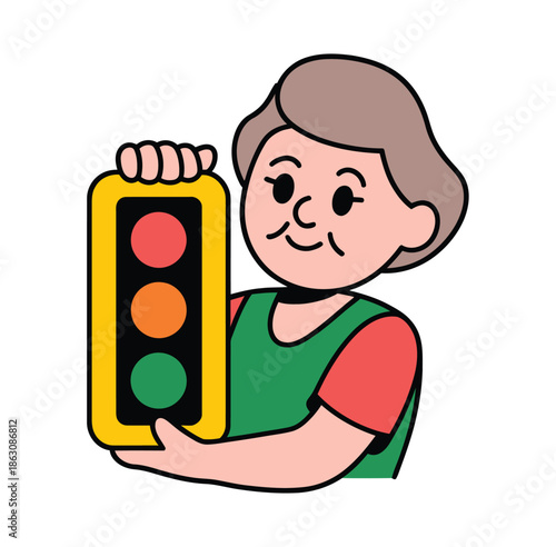 Friendly older woman smiles while holding a small, vibrant traffic light in.