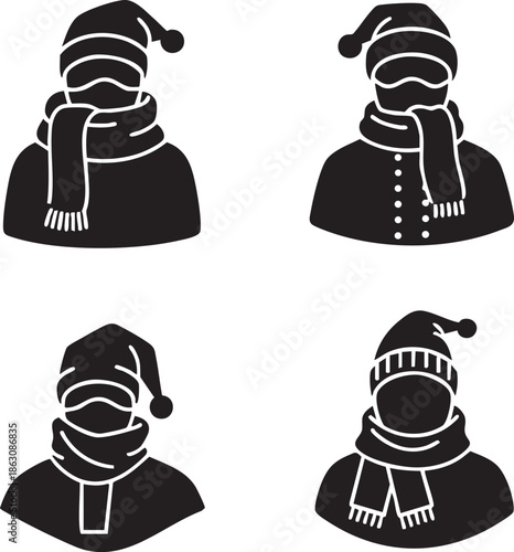 Four black silhouettes of people wearing hats, masks, and scarves against a white background