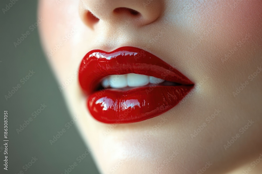 Obraz premium Glossy red lips highlighting vibrant color and shine