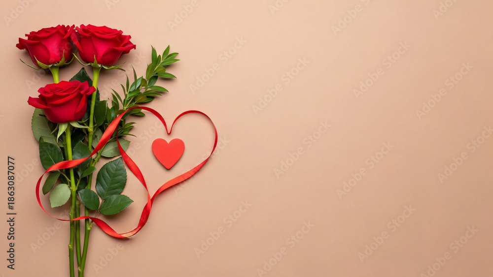 Fototapeta premium Three Vibrant Red Roses And A Heart-Shaped Ribbon On A Neutral Pastel Background