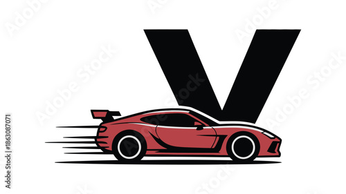 Red sports car speeding past a large letter 'V', symbolizing victory and rapid.