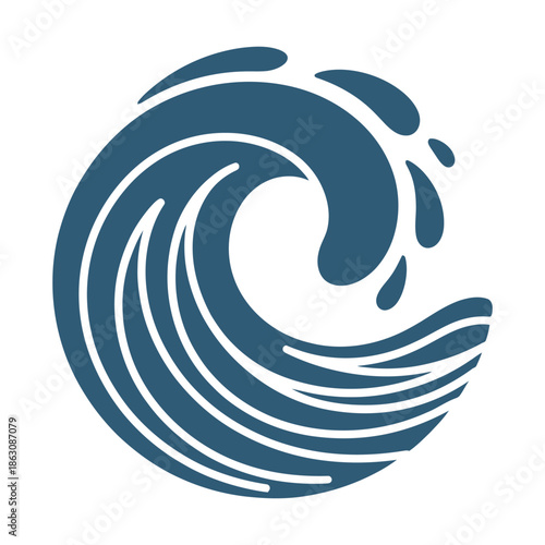 Ocean wave breaking in a circular, stylized design, representing natural force.
