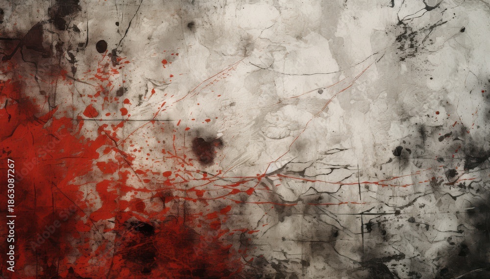 Fototapeta premium Abstract grunge texture with red blood splatters and black ink stains on a white and gray background