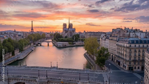 Iconic Paris Cityscape At Sunrise With Eiffel Tower Notre Dame Cathedral And Seine River Views Over Arched Bridge With Golden Sky And