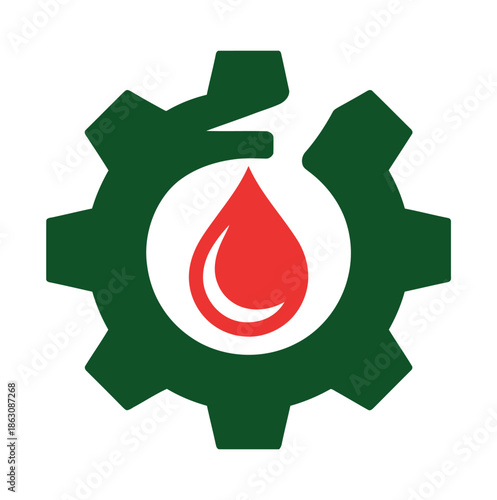 Industrial gear surrounds a chemical flask droplet symbolizing energy.