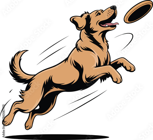 Energetic dog jumping to catch frisbee in mid air, action shot logo