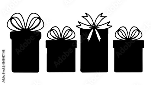 Gift box silhouette set with ribbon bows vector icon