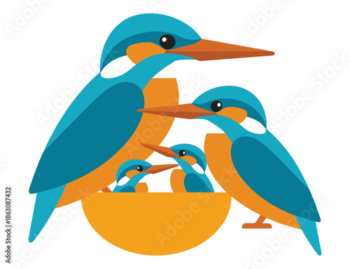Family of bright blue and orange kingfishers nesting together in a simplistic.