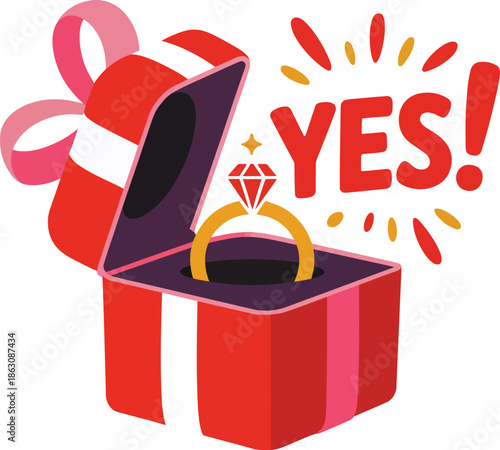 Engagement ring in open gift box with yes text for marriage proposal celebration vector