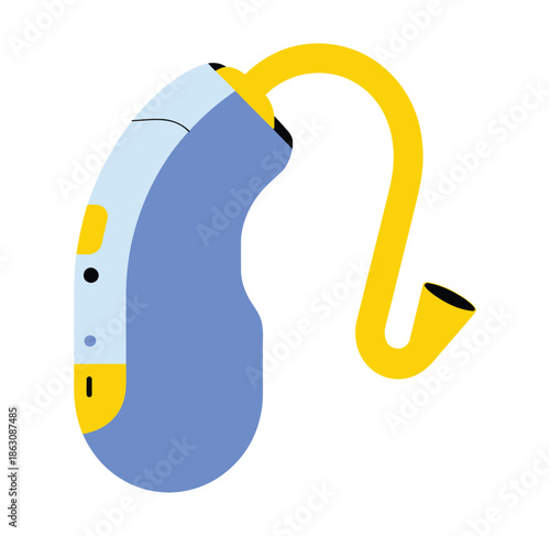 Modern blue hearing aid device with yellow tubing shown isolated on white.