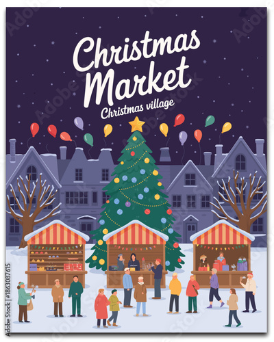 Christmas market vintage winter village poster, festive holiday illustration with snowy town stalls, joyful people, glowing lights, seasonal celebration artwork for wall decor