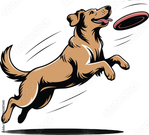 Golden retriever dog jumping high to catch red frisbee with dynamic motion lines