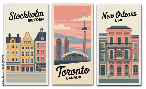 City travel poster triptych illustration, Stockholm Sweden Toronto Canada New Orleans USA artwork, vintage urban architecture scenes, classic international destination wall decor