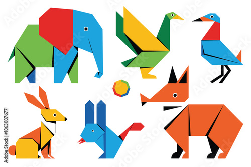 Assortment of geometric origami animals represents wildlife diversity.
