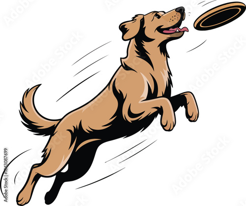 Golden retriever jumping to catch flying disc toy outdoors active pet dog training vector