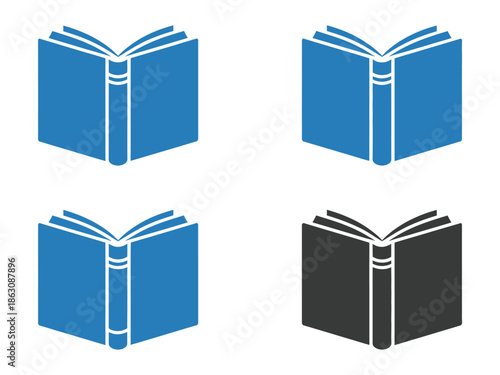 Four open book icons display variations in color and style for reading.