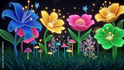 Vibrant Flowers and Fireflies in Fantasy Landscape.
